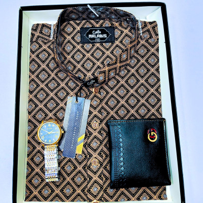 Cotton  Print Punjabi + Premium Watch + Wallet  Combo Pack